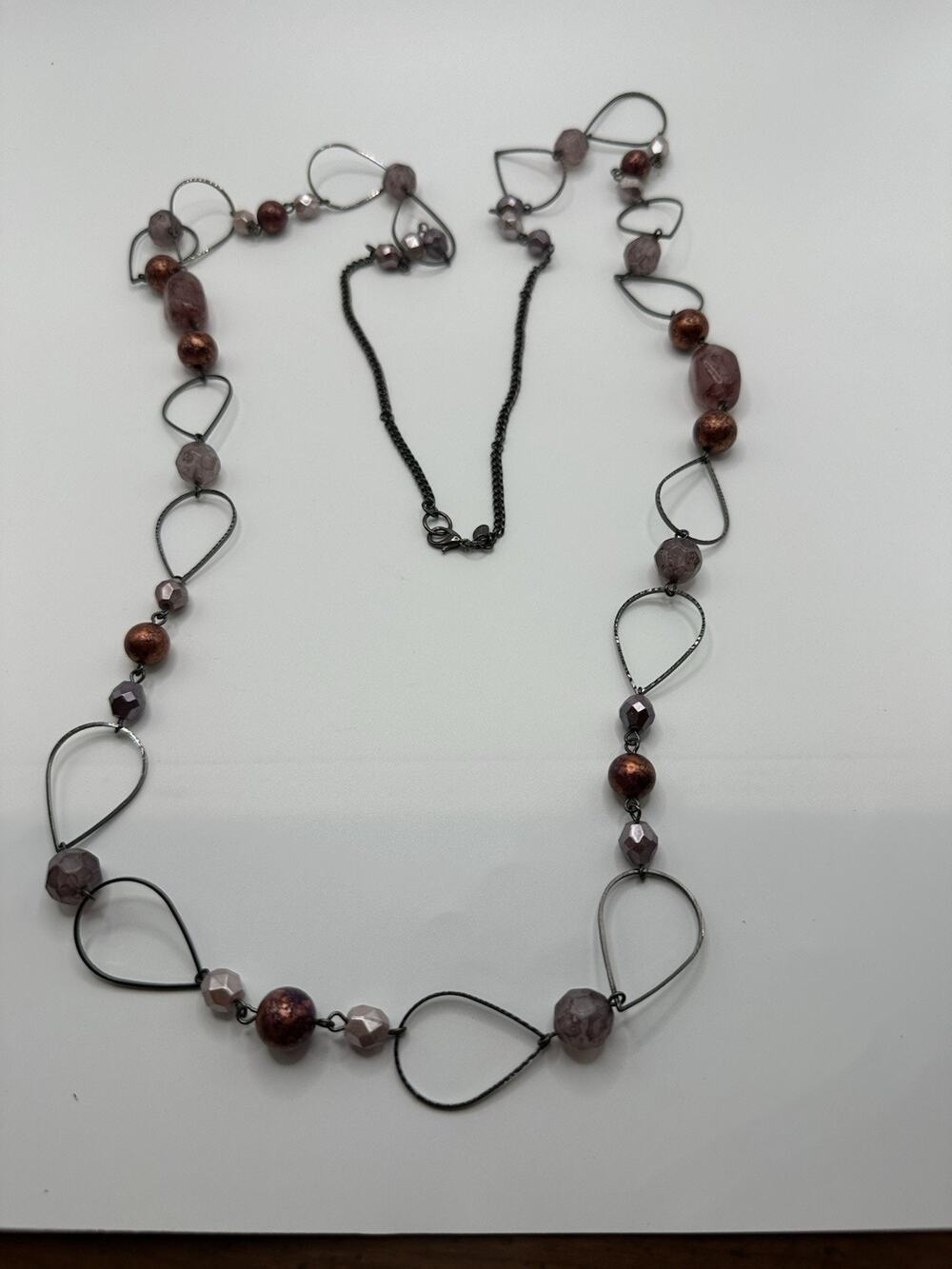 Premier Designs Black Chrome Chain Necklace With Purple Acrylic Beads 48”